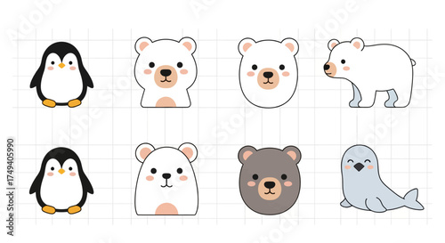 Cute Cartoon Style Polar Animals Set Illustration including Penguin, Bear, Seal