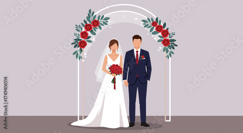 This flat design illustration portrays a beautiful bride and handsome groom standing elegantly under a decorative wedding arch, symbolizing their union. The scene captures a serene and modern wedding 