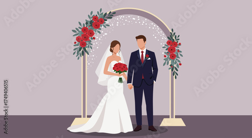 This flat design illustration portrays a beautiful bride and handsome groom standing elegantly under a decorative wedding arch, symbolizing their union. The scene captures a serene and modern wedding 