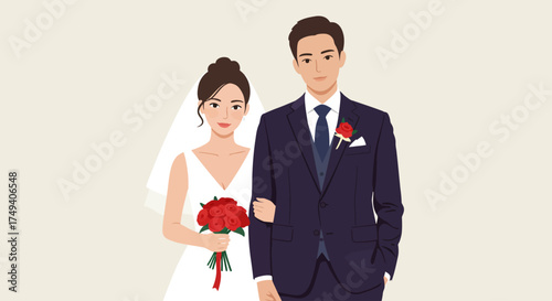 This flat design illustration presents an intimate half-body portrait of a beautiful bride in a white gown with a red bouquet and her handsome groom in a luxurious suit. 