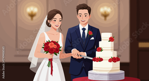 This flat design illustration captures a joyful moment as a beautiful bride and handsome groom, in their elegant attire, prepare to cut their wedding cake.