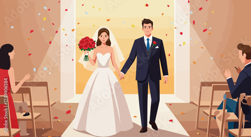 A charming flat design illustration depicts a happy bride and groom walking hand-in-hand down the wedding aisle amidst falling confetti, celebrating their union.