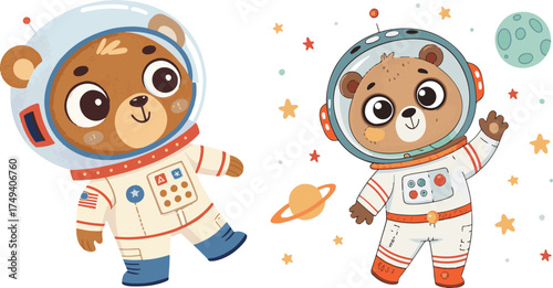 Adorable astronaut bears floating in space with planets and stars adorable space adventure art vector