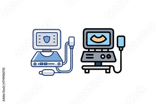 Two medical ultrasound machines displayed in a simple flat design silhouette