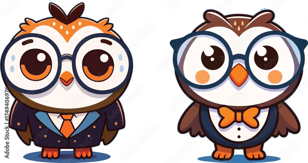 Naklejka premium Adorable cartoon owl couple dressed in business attire ready for success and teamwork vector