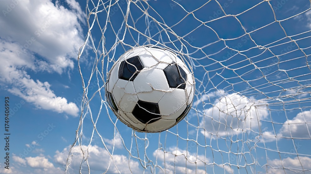 Naklejka premium Classic black and white soccer ball hitting the goal net against blue sky with clouds during football match