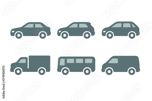 Set of six common transportation vehicles including sedan SUV truck bus and van