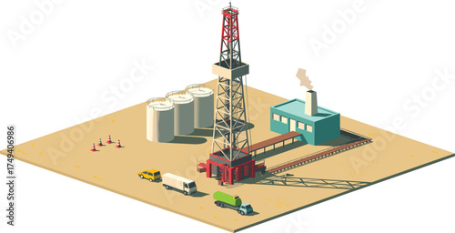Isometric oil drilling rig with refinery plant, fuel storage tanks, industrial vehicles, desert landscape, and energy production low poly illustration