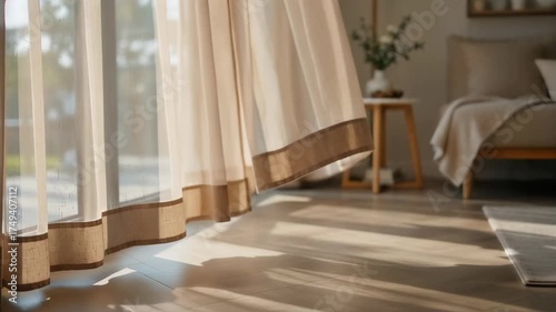 Soft morning light filtering through sheer curtains in a cozy living room with wooden flooring