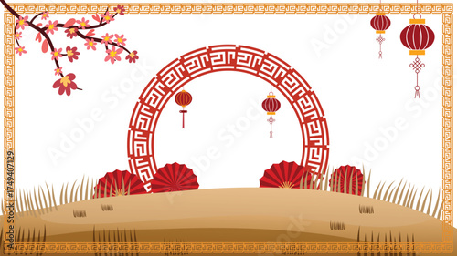 Landscape with oriental gate lanterns cherry blossom and golden grass