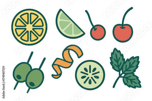Colorful collection of cocktail garnishes including citrus slices cherries olives and mint leaves