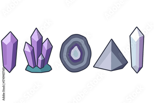 Assortment of magical quartz crystals, amethyst clusters, and polished geode slices