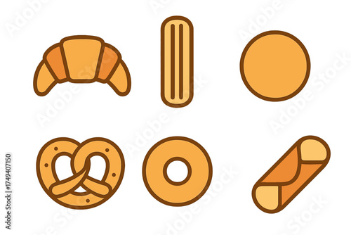Minimalist outline set of six baked goods including croissant pretzel and sweet pastries