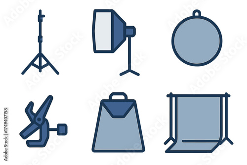 Photography studio equipment icons set including light stand softbox reflector and backdrop