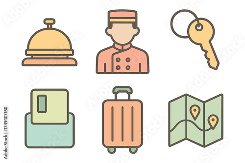 Hospitality and travel symbols including hotel staff, service bell, room key, luggage, and map