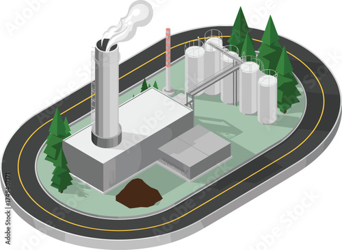 Isometric industrial factory with chimneys, fuel storage tanks, smoke emission, road surrounding plant, and green environment 3d illustration design