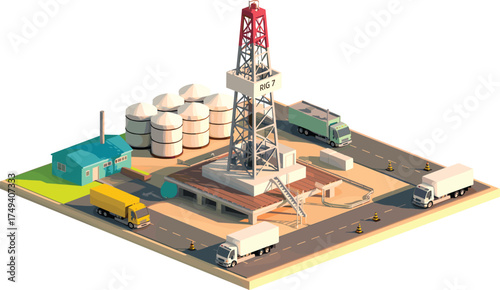 Isometric oil drilling rig with refinery plant, fuel storage tanks, industrial vehicles, desert landscape, and energy production low poly illustration