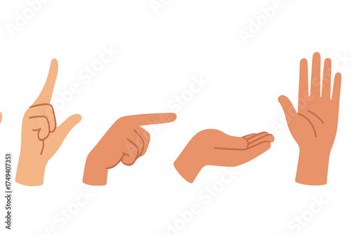 Diverse human hands performing various gestures like pointing presenting and stopping