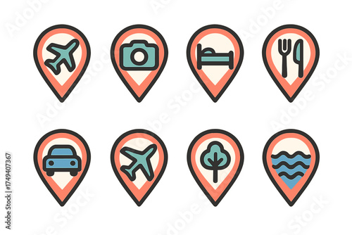Eight colorful location pin markers representing travel, tourism, navigation, and destination points