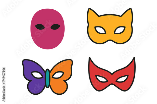 Vibrant set of four masquerade masks including cat, butterfly, and full face designs