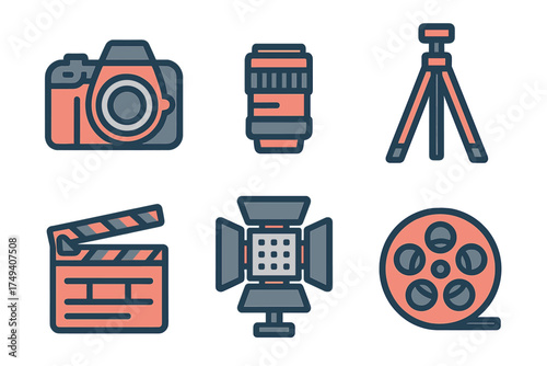 Essential filmmaking and photography gear set featuring camera lens tripod clapperboard light and film reel