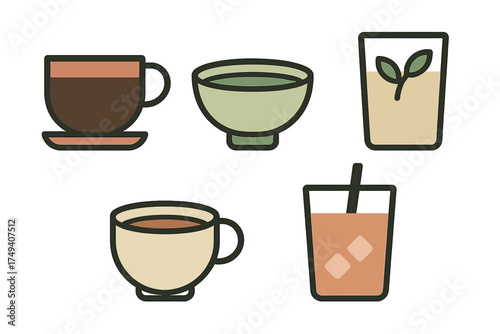 Minimalist graphic set featuring five symbols for hot and cold beverages including coffee, tea, and iced drinks