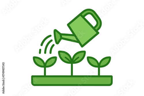 Watering can pouring water onto young plant sprouts in the soil for growth