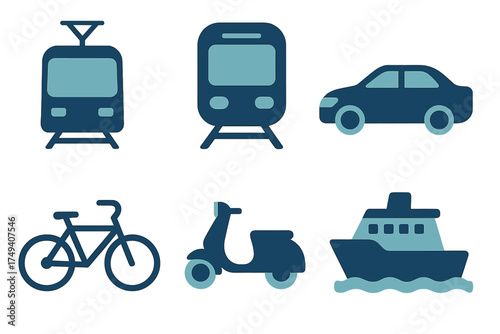 Public and private transportation icons set featuring train, tram, car, bicycle, scooter, and ship