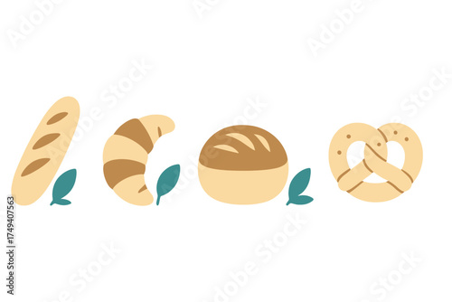 Freshly baked goods collection featuring baguette croissant loaf and pretzel with green leaves