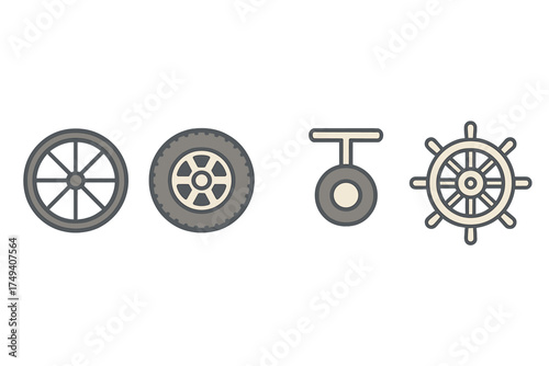 Set of four different wheels: wagon wheel, car tire, caster, and ship steering helm