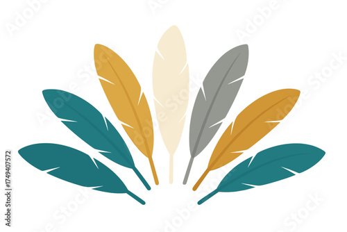 Stylized arrangement of colorful bird feathers forming a decorative fan shape on a white background