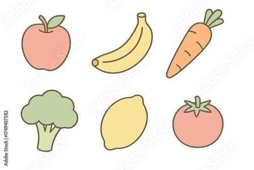 Healthy fresh fruits and vegetables collection including apple banana carrot broccoli lemon and tomato
