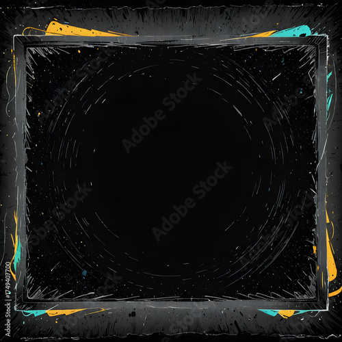 Dark Grunge Frame with Colorful Paint Splashes and Rough Textured Background
