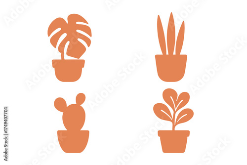 Collection of four potted house plants featuring monstera, snake plant, and cactus silhouettes