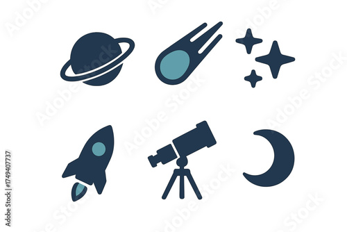 Stylized astronomy and space exploration icons featuring planet, rocket, telescope, stars, and moon
