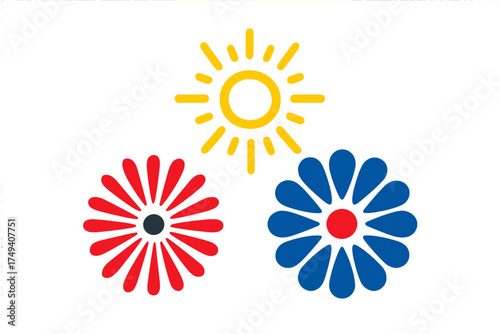 Stylized bright yellow sun icon and two colorful abstract flowers representing summer and nature themes