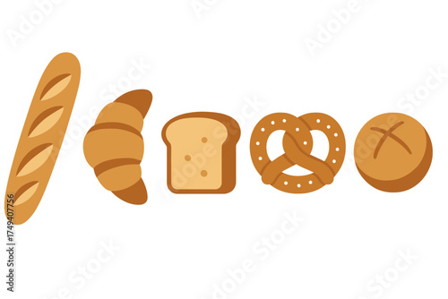 Diverse selection of freshly baked goods such as baguette, croissant, pretzel, sliced bread, and roll