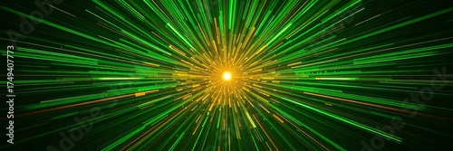 A vibrant and energetic abstract background features radiating green and gold lines converging to a central bright point, creating a dynamic burst of light energy.