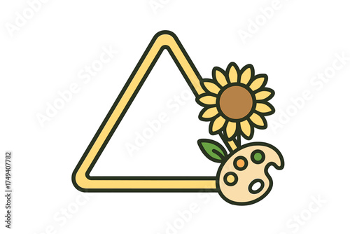 Yellow triangular frame border with sunflower and artist palette for creative design