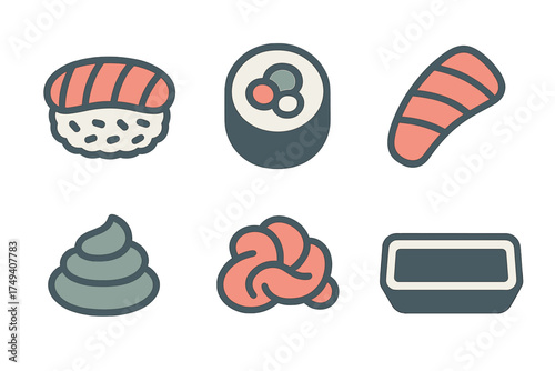 Stylized Japanese sushi and cuisine elements including nigiri, maki rolls, and side dishes