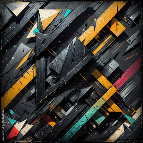 Abstract Geometric Pattern with Dark Metallic Shapes and Vibrant Color Accents
