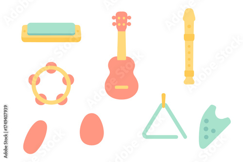 Minimalist flat collection of various musical instruments for children's education and play