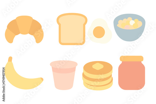 Eight common breakfast items including croissant, bread, fried egg, cereal, banana, yogurt, pancakes, and jam