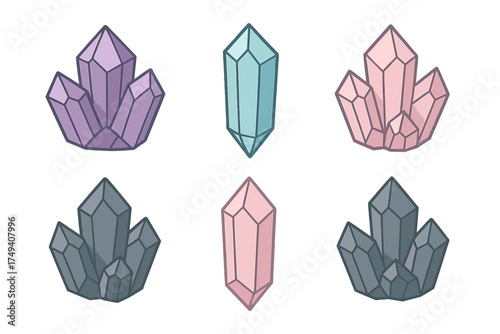 Colorful geometric crystal clusters and single gemstones in pastel colors