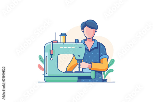 A person skillfully operating a sewing machine illustrated in flat style silhouette