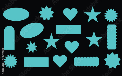 Collection of bright cyan geometric and abstract shapes on a black background