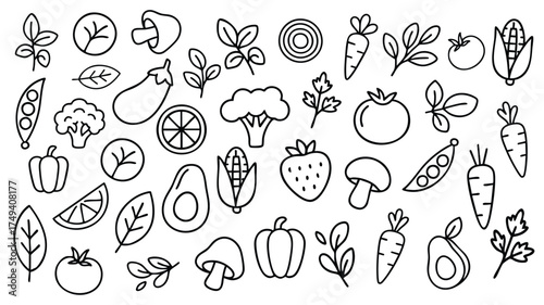 Outline fruit and vegetable doodle pattern illustration