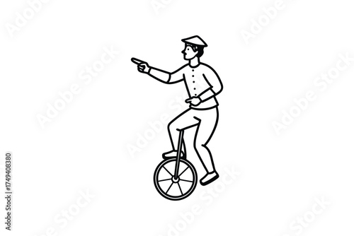 A person riding a unicycle while pointing simple black and white silhouette