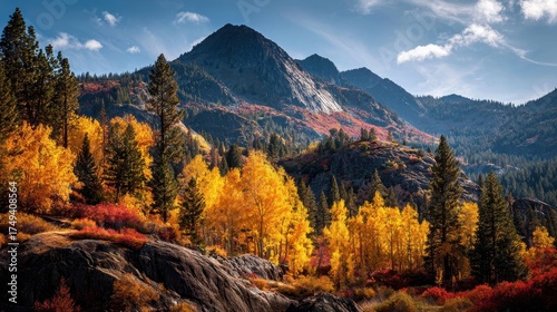 Lake Tahoe Fall Colors. Red and Yellow Autumn Foliage in Sierra Nevada Mountains, Truckee, California
