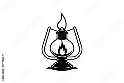 Vintage kerosene lamp design with ornate handle and flame black silhouette